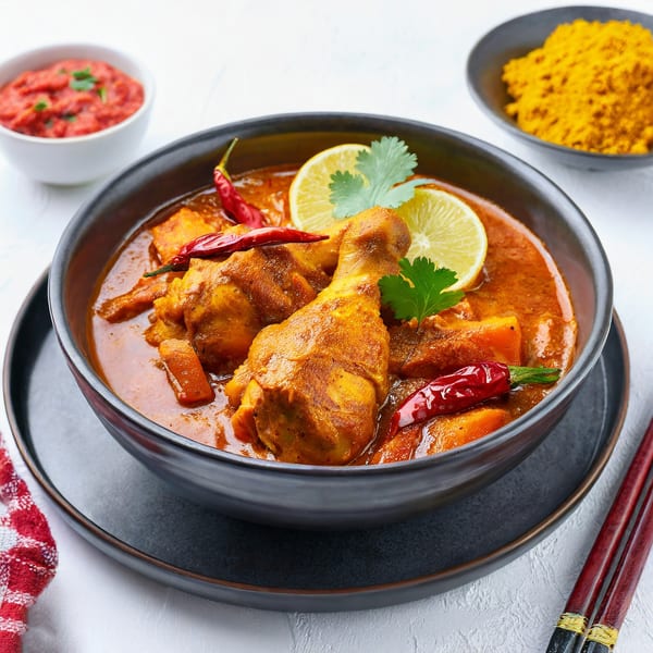 Indian chicken curry with lemon, cilantro, and red chilies, served with red sauce and spices.