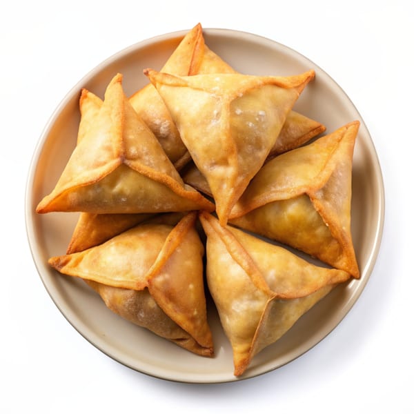 A plate of golden-brown, triangular Indian samosas, arranged in a circular pattern.