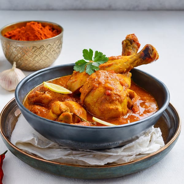 Indian chicken curry with lemon, parsley, and spices in a dark bowl on a white surface.